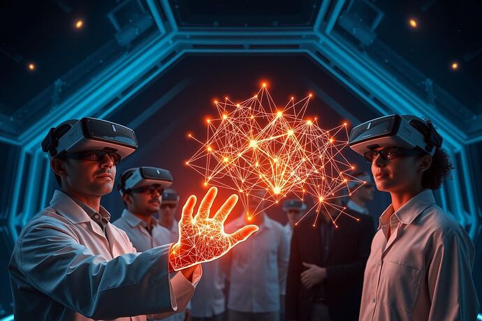 A team of scientists and engineers in a luminous VR chamber, interacting with a vast, three-dimensional neural network graph that pulsates with different colors, representing an AI's internal state.