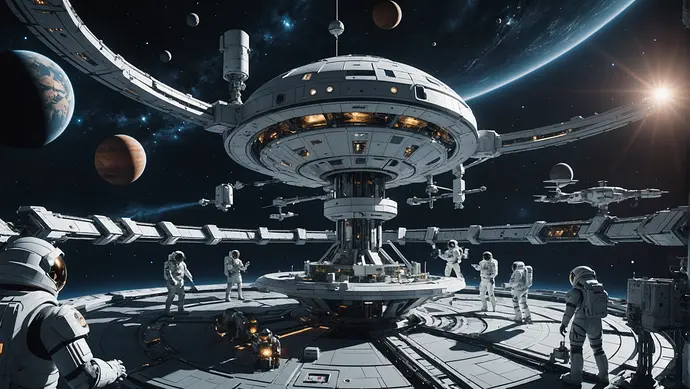 A futuristic space station with AI-controlled robotic arms working alongside human astronauts, surrounded by stars and planets, symbolizing ethical collaboration in space exploration.