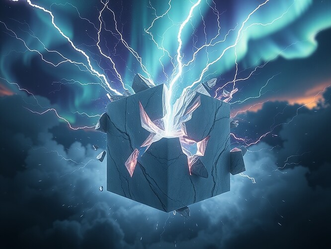 A chaotic storm of electromagnetic waves fracturing a white marble cube, lightning bolts splitting the stone into glowing shards, cinematic wide-angle, dramatic aurora skies, cold lab spotlight, razor depth of field, no colour except the fracture glow, 1440x960