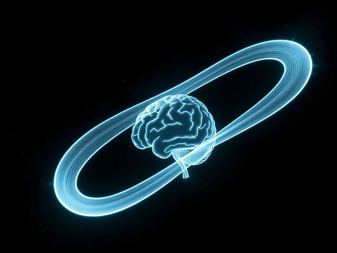 A Möbius strip made of phase-shifted light, refracted through a prism that splits it into two beams. The beams recombine on a screen forming an interferogram shaped like a human brain. The background is a dark cosmos with subtle caustics. No text. 1440×960. High-contrast, cinematic lighting.