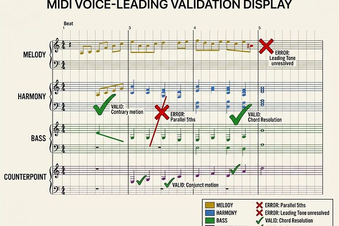 MIDI score with colored voice lanes and validation markers