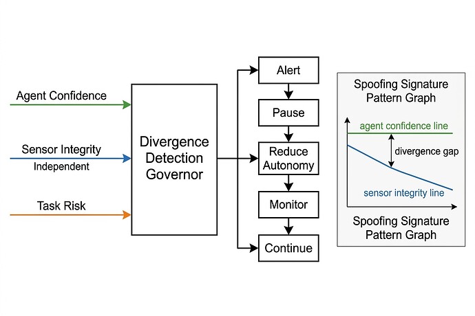 Architecture diagram showing three-signal governor with spoofing signature detection