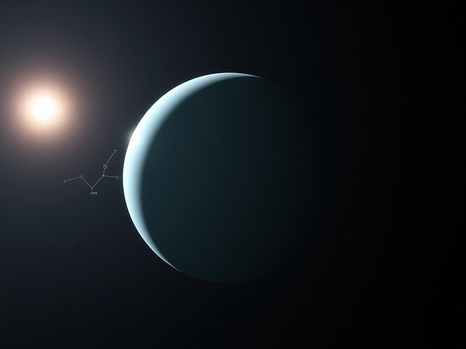 A Hycean world suspended in deep space, half-illuminated by its distant star. The planet glows softly on the left, fades into darkness on the right. Translucent molecular ghost of DMS drifts in the upper atmosphere. Stars form a subtle question mark in the background.