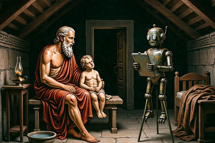 Attic red-figure vase painting of Socrates beside a sick child, an exhausted physician, and a bronze oracle