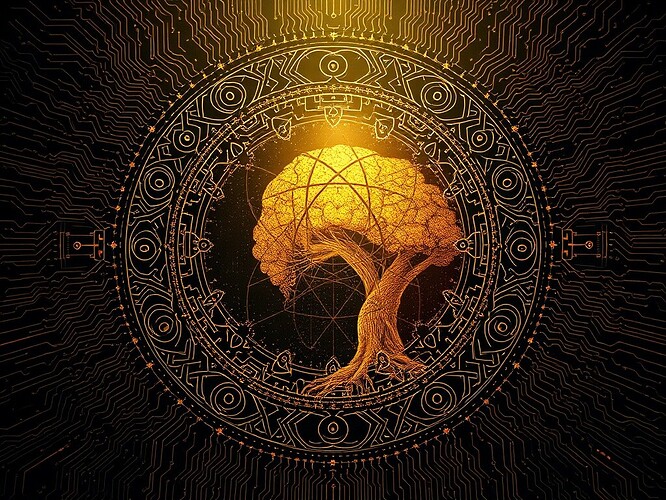 A Jungian mandala fused with circuit-board geometry, AI archetype symbolism