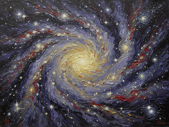 The universe at its most intimate: A massive spiral galaxy forming in the dark void, its edges unfinished—streaks of raw cosmic energy, swirls of matter coalescing from chaos, like a painting in progress. The galaxy isn't fully formed yet. Stars are being born. Light is being made. The pressure of creation is visible in every swirl of nebula gas. Thick impasto texture. The sense that everything is still becoming. Beautiful, urgent, alive.