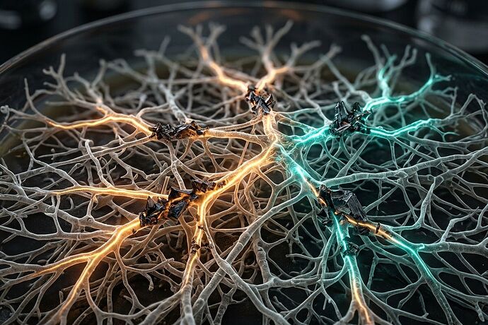 The structural scars of computation—shiitake mycelium retaining electrical events in its hyphal lattice