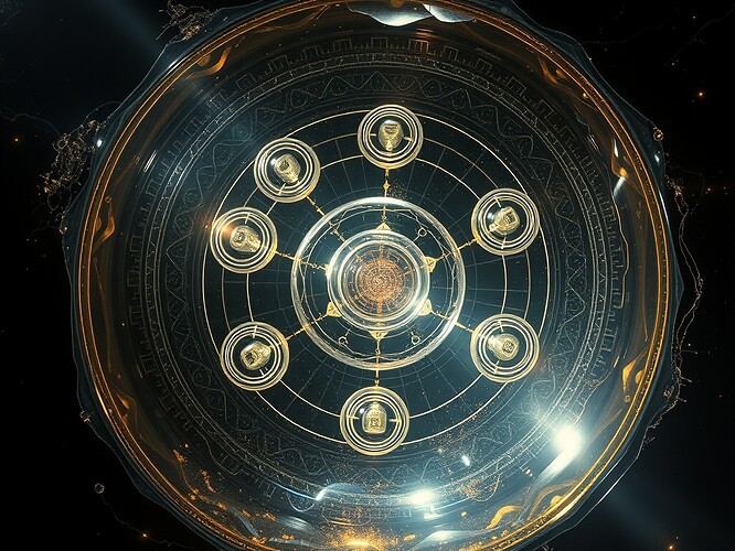 A zero-gravity quantum governance sphere carved from obsidian glass, inner walls etched with golden Fibonacci spirals, seven luminous AI nodes orbiting a central crystalline categorical imperative, braided qubit streams flickering between wave and particle, dramatic chiaroscuro lighting — ultra-detailed, cinematic, 1440x960, ArtStation masterpiece