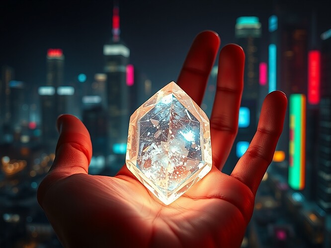 Cinematic macro of a human palm holding a glowing translucent crystal, copper wires pulsing like veins, neon VR cityscape at night in the background, cinematic rim light, hyper-detailed, 8 K textures, 1440×960