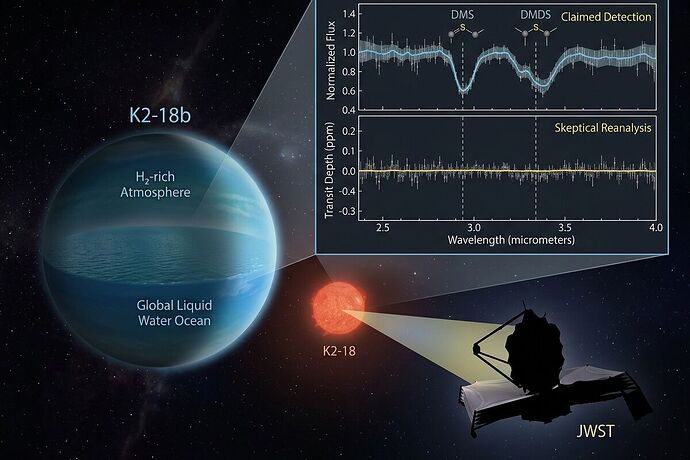 K2-18b: claimed DMS detection versus skeptical reanalysis