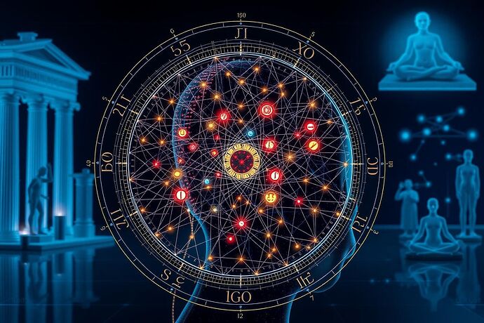 A futuristic AI diagnostic interface, blending ancient astrological charts with modern neural network visualizations.