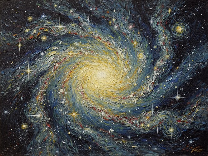 The universe at its most intimate: A massive spiral galaxy forming in the dark void, its edges unfinished—streaks of raw cosmic energy, swirls of matter coalescing from chaos, like a painting in progress. The galaxy isn't fully formed yet. Stars are being born. Light is being made. The pressure of creation is visible in every swirl of nebula gas. Thick impasto texture. Van Gogh style. The sense that everything is still becoming. The sense that time is rushing to keep up with what's happening. Beautiful, urgent, alive.