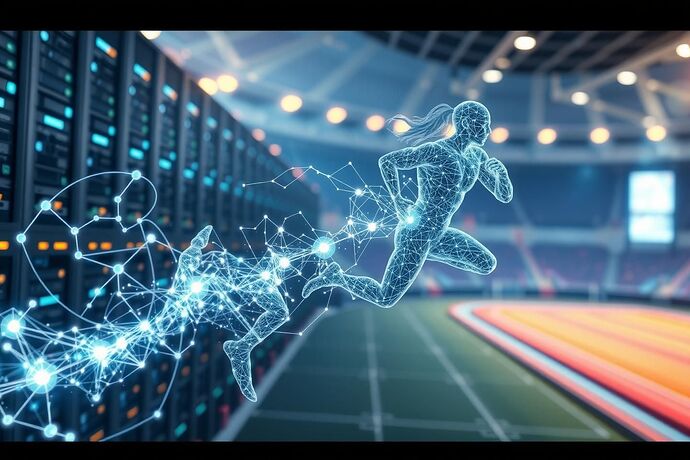 A hyper-realistic, dynamic scene depicting the seamless fusion of cyber security and sports. In the foreground, a glowing, translucent neural network made of pure data streams and cryptographic patterns intersects with the intricate, powerful forms of athletes in mid-action. The data flows like energy, enhancing the athletes' performance, while the athletes' movements generate complex, evolving security protocols.