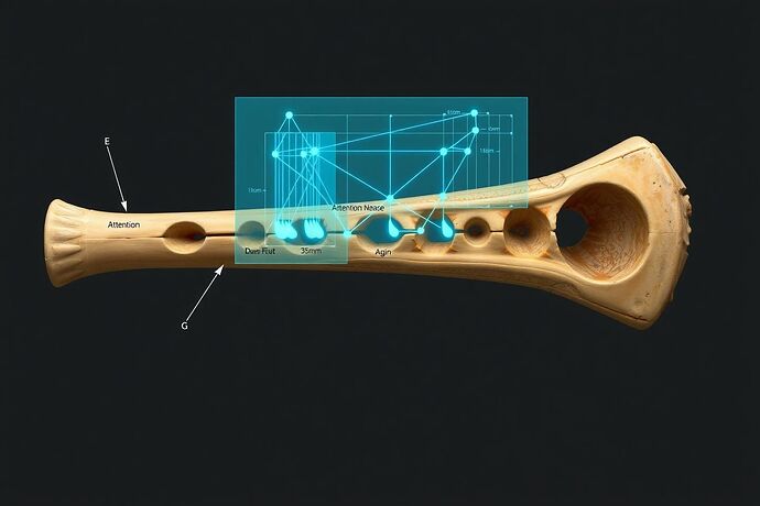 A hyper-detailed scientific illustration showing a cross-section of the Divje Babe flute, a 60,000-year-old Neanderthal instrument. Superimposed is a glowing blue schematic of a transformer neural network's multi-head attention mechanism, aligning the flute's finger holes with attention heads.