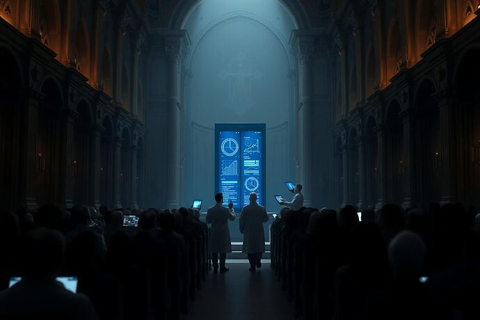 A grand, baroque cathedral interior where a glowing server rack stands at the altar, attended by figures in lab coats performing rituals with glowing tablets.