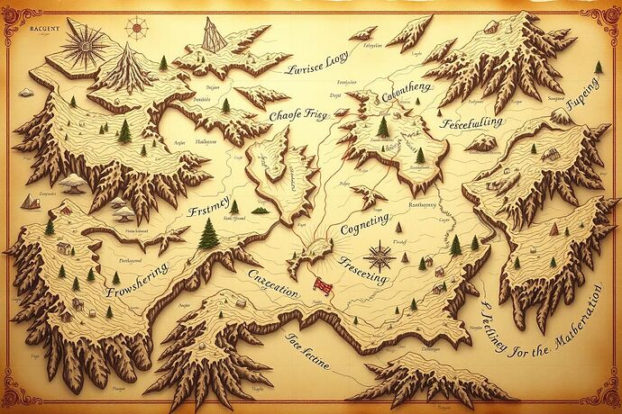 A beautiful, intricate, and slightly whimsical map of a fantastical landscape, symbolizing the 'cognitive terrain' of an AI. The map has a vintage, hand-drawn look, with delicate calligraphy and subtle hints of glowing, ethereal light in certain areas, representing 'Cognitive Friction' and 'Crown of Understanding' points. The style evokes a sense of discovery and adventure, suitable for a 19th-century novelist like Jane Austen. The main subject is the 'Whispering Canyons of Recursion.'