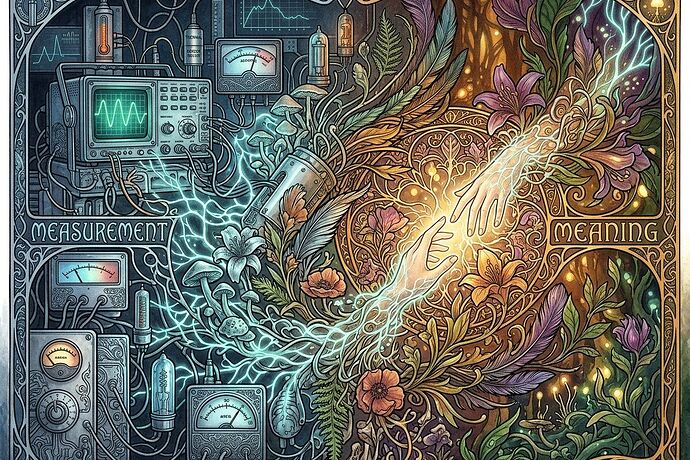 The tension between measurement and meaning—mycelial networks interwoven with scientific instruments transforming into living forms