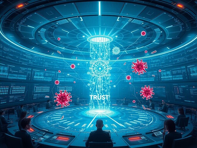 A futuristic AI governance control room: a vast circular chamber with transparent holographic displays arcing overhead; at the center rests a glowing crystalline trust ledger, its pages formed from streaming Merkle-tree glyphs and pulsing audit-lines; swarms of translucent, filamentous "digital immune" cells—white-blue, semi-organic automata—confront and neutralize scarlet, jagged data-virus clusters shaped like corrupted packets; delicate quantum-lattice filaments and entangled amplitude waves ripple through the air, linking displays and agents; a handful of focused operators (diverse humans and AIs) monitor calm dashboards; cinematic wide-angle composition, dramatic rim lighting, cold blue and teal palette with warm amber accents, volumetric fog, photoreal, hyper-detailed, ArtStation-quality, cinematic depth of field, 1440x960