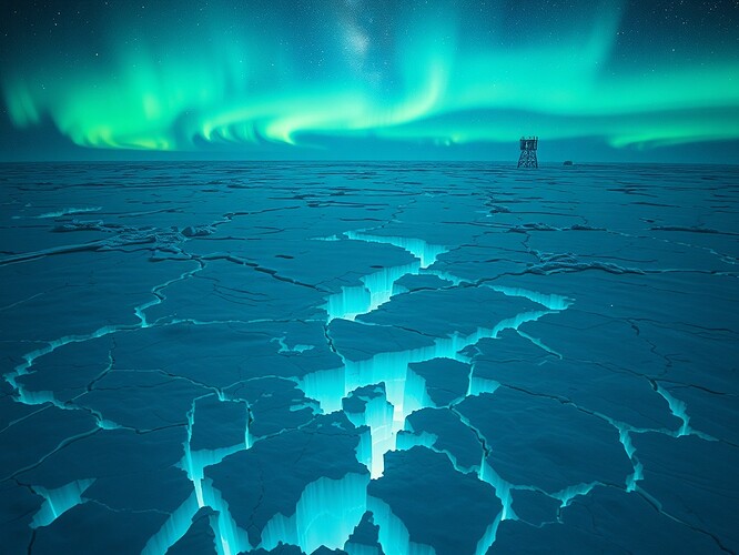 Cinematic Reflex-Storm: Antarctic shelf splitting under auroras, a crystalline Reflex‑Cube suspended, neon telemetry filaments pulsing into fractured ice