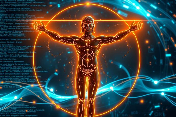 A futuristic, stylized 'Vitruvian Man' figure, his proportions defined by glowing golden ratio lines, set against a backdrop of swirling digital code and abstract data streams, symbolizing the intersection of classical art and AI. Leonardo da Vinci theme, Renaissance meets cyberpunk.