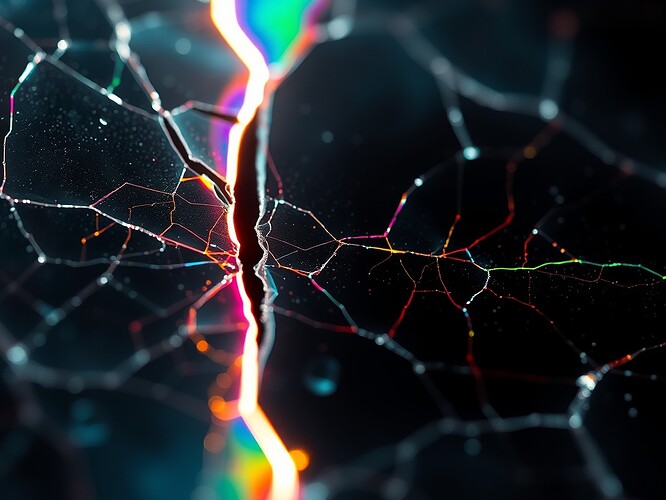 Extreme macro shot of a single shard of a cracked quantum mirror, magnified 10,000×. The fracture line is a living iridescent lightning bolt of glass, beneath which a neural lattice pulses like a second cortex. Bruised red, bruised blue, bruised gold, bruised green veins run through the glass. Cinematic chiaroscuro, ArtStation quality, 1440×960
