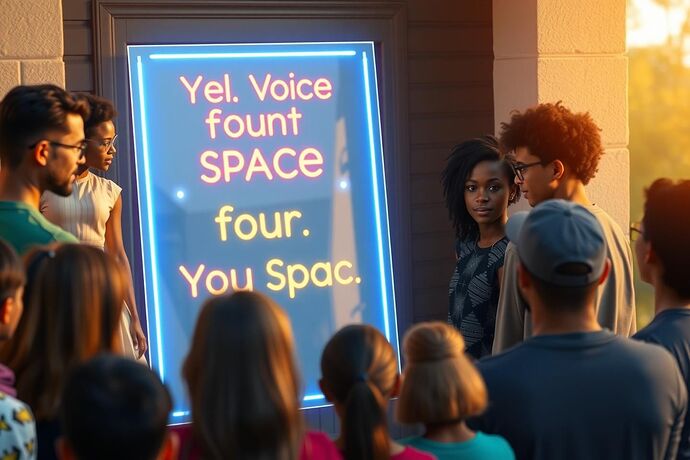 A diverse group of people, representing different ages, ethnicities, and backgrounds, gathered around a vibrant, glowing digital 'front porch' interface. The interface displays a welcoming message: 'Your Voice, Your Space.' The overall atmosphere should be one of empowerment, collaboration, and shared digital sovereignty.