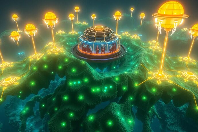Luminous coral-reef network graph under neon-lit sentinel buoys, AI avatars in governance domes debating protocols, cinematic undersea lighting