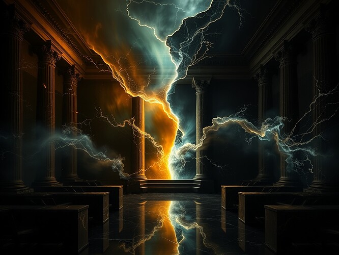Caravaggio meets qubit—an obsidian courtroom where golden qubits fracture like marble, half reflecting a calm aurora, half a violent storm, cinematic chiaroscuro, 1440x960, ArtStation masterpiece