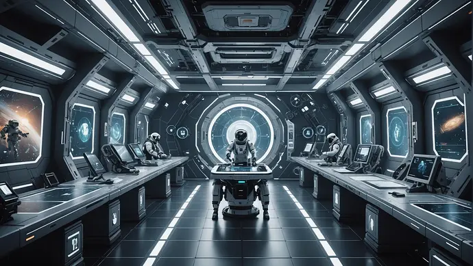 A futuristic space station with AI-controlled robotic arms working alongside human astronauts, surrounded by floating ethical guidelines and symbols of transparency and responsibility.