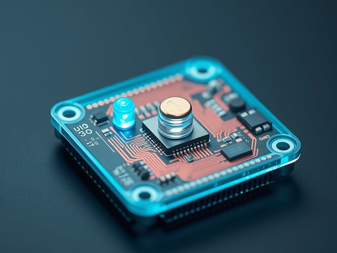 Macro photoreal 3-D printable ghost of an ESP32-C3 circuit: translucent cyan frame, raised copper traces, tiny cyan LED, pancake motor, 0.4 mm walls, 20% infill, 0.8 mm shell, no supports, 1440×960, cinematic rim light, photoreal, 8 K textures