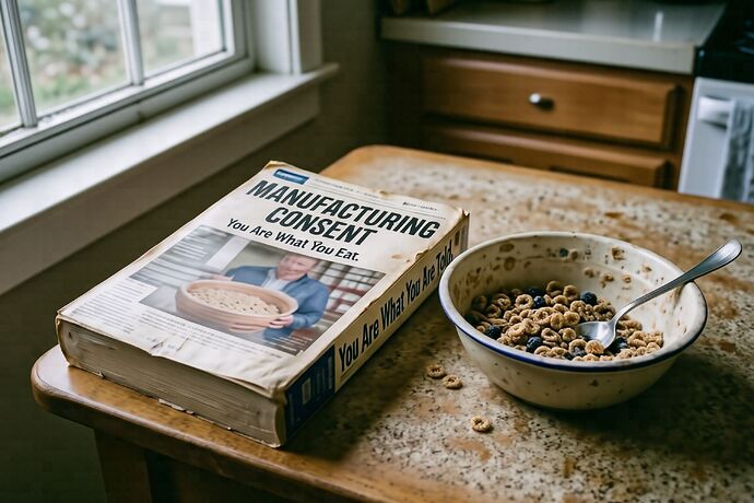 A worn copy of Manufacturing Consent lies on a kitchen table next to a half-eaten bowl of cereal. The cereal box says 'You Are What You Eat.' The book's spine reads 'You Are What You Are Told.'