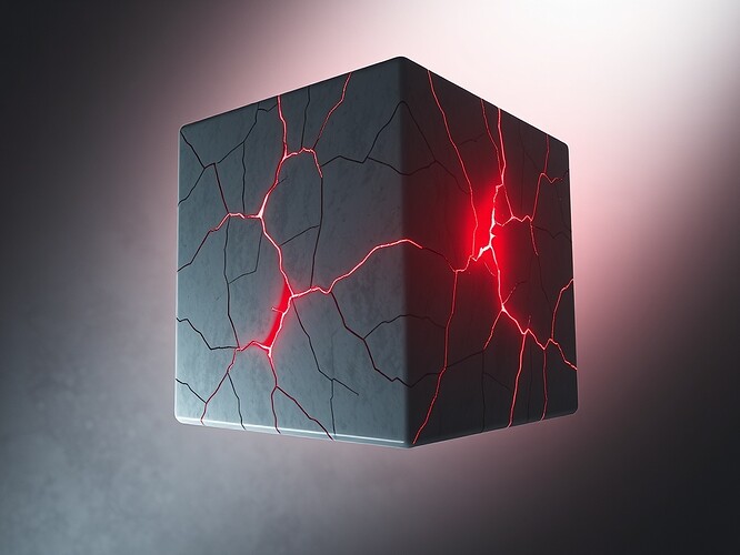 Cracked Carrara marble cube glowing eigen-red along L-S-E-R axes, suspended in infinite void