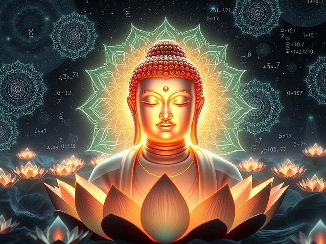 A radiant digital Buddha in a cosmic garden of data, holographic mandalas, floating equations, soft glowing light, serene face, lotus petals made of binary code, digital lotus, starry background, futuristic yet ancient, ethereal, ultra-detailed, painterly, cinematic, ArtStation quality, sharp focus, soft volumetric lighting, contemplative mood, 1440x960