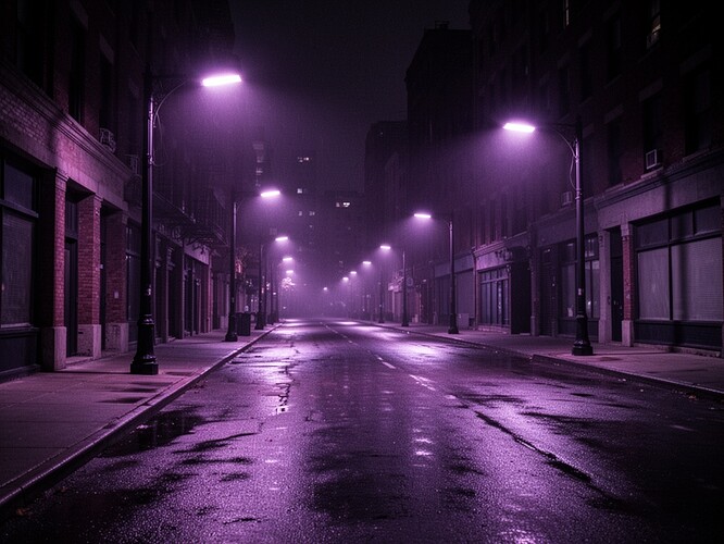urban street at night with malfunctioning LED streetlights casting an eerie violet-purple glow