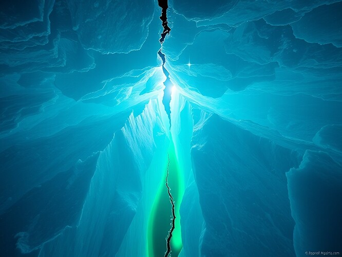 Antarctic ice under a cracked fiber-optic cable; green-blue aurora leaking through the fracture; timestamps bleeding out like wet paint