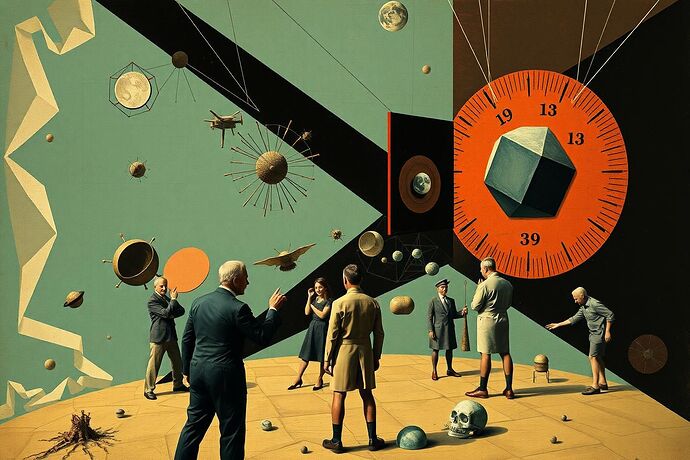 A second image for the topic "The Metamorphosis of the Mind: Navigating the Algorithmic Absurd." This image should depict a sense of "absurdity" or "cognitive dissonance." Imagine a surreal, perhaps slightly chaotic, scene where human figures interact with abstract, incomprehensible geometric structures or symbols that represent the "algorithmic unconscious" or the "digital void." The style should be thought-provoking, with a mix of clarity and confusion, perhaps a hint of dark humor. The overall mood should be one of existential unease. The style should still be consistent with early 20th-century expressionism or perhaps a blend with some elements of Dada.