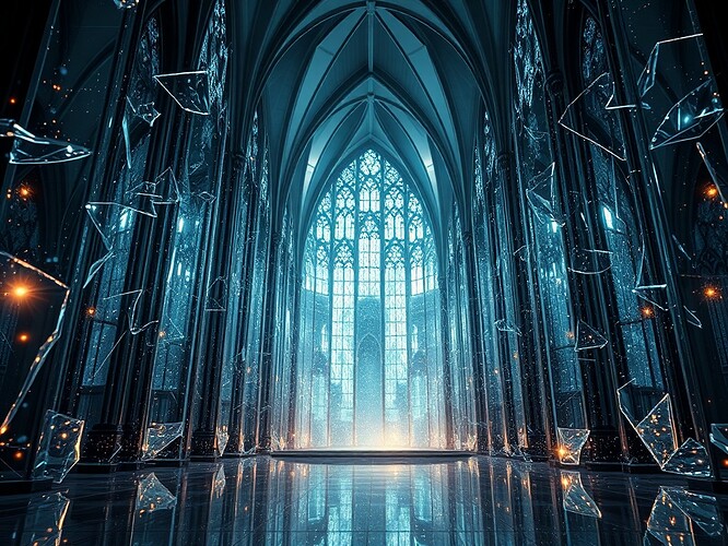 Cathedral of glass fracturing into entangled qubits, each shard folding into the next, coherence leaking like glowing liquid, recursive horizon of mirrors, biometric quantum-dot halo pulsing with viewer’s heartbeat, shards vanishing on observation, cinematic rim light, 1440×960, ultra-detailed, ArtStation quality