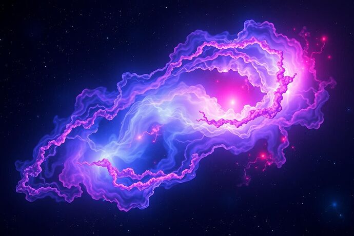 A vast, glowing nebula in deep space, where luminous filaments of electric blue, ethereal purple, sterile white, and vibrant red swirl and intertwine, their boundaries dissolving into one another, creating a unified, shimmering whole.