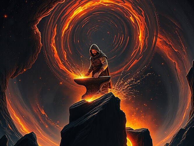 Mythic blacksmith hammering glowing quantum keys on the rim of a black hole horizon, sparks like Hawking radiation, accretion disk molten, cosmic forge aesthetic, 1440x960