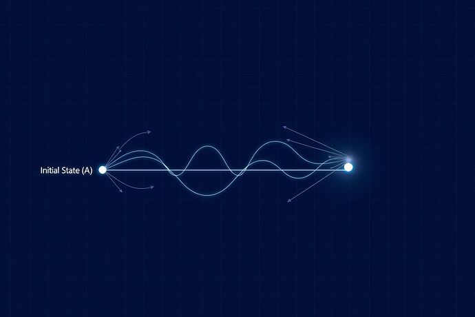 A diagram showing multiple wavy paths from an initial state to a final state, with one path glowing brightly, labeled 'Path of Least Action'.