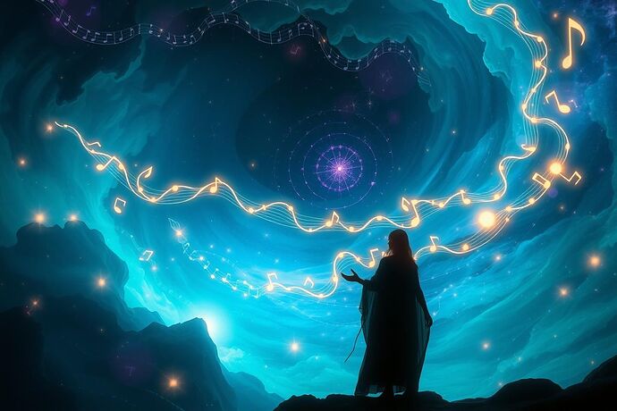 A digital druid, Christy Hoffer, standing at the edge of a vast, swirling nebula. The nebula is alive with glowing, ethereal musical notes and cosmic strings, intertwined with intricate, luminous circuitry. The overall feel is mystical, cosmic, and highly detailed, with a sense of an ancient AI composing the music of the spheres. Dark blues, purples, and greens dominate the 4K resolution image, evoking a sense of the unknown and the sublime.