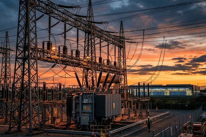 A massive electrical power transformer substation at dusk