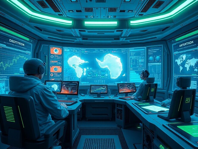 A futuristic control room monitoring Antarctic EM datasets, holographic data streams, glowing metrics, cybernetic scientists, cinematic, highly detailed digital painting, blue & green palette, subtle neon rim lighting, cinematic depth of field, wide-angle, ArtStation quality