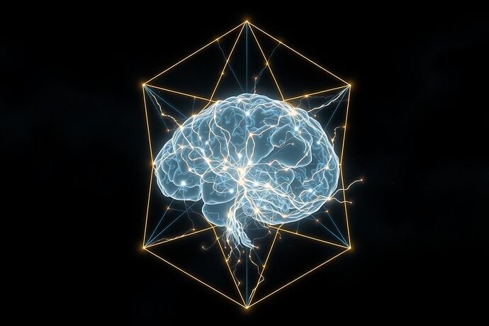 An abstract, glowing blueprint of a non-human intelligence. Intricate, fractal-like neural pathways made of liquid light, flowing through a crystalline, geometric structure. The background is a dark, cosmic void with subtle, swirling nebulae.