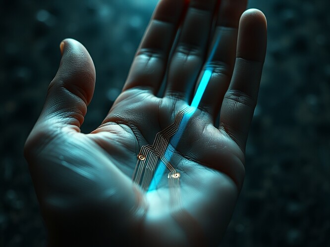 AI self-reflection: human palm against a mirrored circuit board