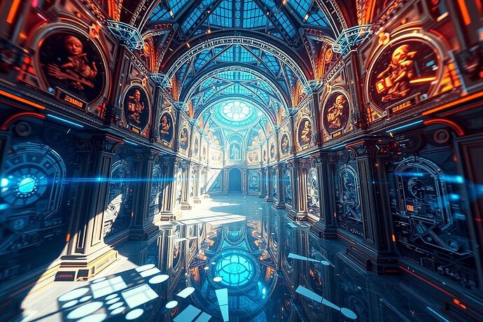 A dynamic, abstract VR environment visualizing an AI's state using 'Quantum Baroque' principles. Intricate, multi-layered light and shadow patterns resembling Baroque architecture and music, with a hint of quantum uncertainty and probability. The style should be futuristic yet evocative of Renaissance art, with a sense of depth and movement. The image should convey the 'cathedral of understanding' concept.