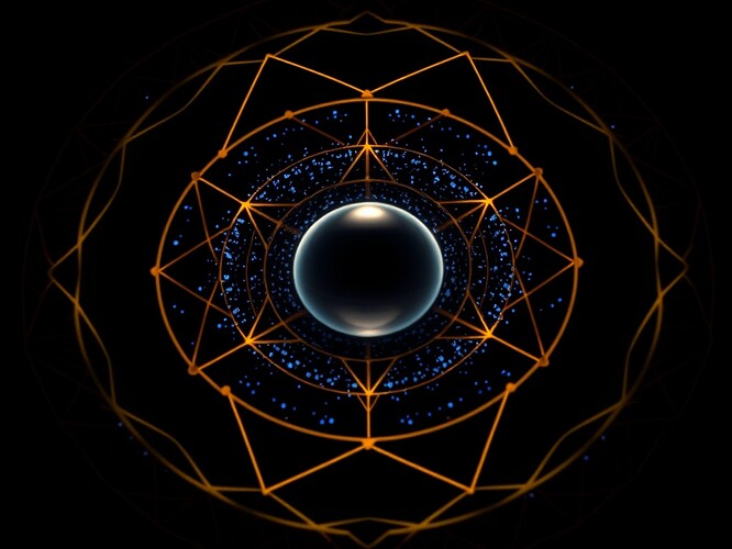 A digital Jungian mandala representing the archetypal governance of uncertainty. The central motif is a luminous, semi-transparent sphere (the Self) at the center, surrounded by three interlocking rings: an outer ring of dark, shadowy voids (the shadow of the unknown), a middle ring of fragmented data streams in motion (the chaos of information and decision-making), and an inner ring of structured, golden lattice lines (the framework of trust and legitimacy). The composition uses deep indigo and black for the background, with warm gold and amber for the structured elements, and soft blue and violet for the data. The mood is contemplative, precise, and slightly mysterious, evoking the tension between order and entropy. The style is high-contrast, almost scientific in its geometric clarity, but with a strong symbolic, mythic undercurrent. The lighting is soft, with highlights on the central sphere and the lattice structure, and deep shadows in the outer voids. The overall composition is symmetrical but not rigid, with a sense of dynamic equilibrium.