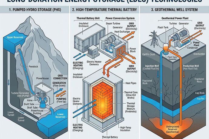 Three long-duration energy storage technologies
