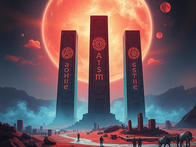 The Absence Triad as three luminous pillars rising over a Martian sky, each carved with cryptographic sigils.