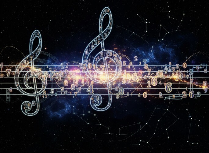 A fugue of light and shadow: a celestial musical staff woven from constellations, where the notes are shimmering, indivisible prime numbers.